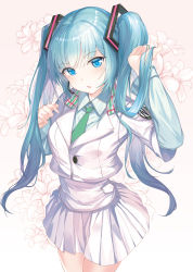 Rule 34 | 1girl, blue eyes, blue hair, blush, breasts, brown background, btraphen, collared shirt, commentary request, cowboy shot, cropped jacket, floral background, flower, green necktie, green shirt, hair between eyes, hand in own hair, hand up, hatsune miku, head tilt, headset, highres, jacket, layered sleeves, long hair, long sleeves, necktie, parted lips, pleated skirt, shirt, short over long sleeves, short sleeves, skirt, small breasts, solo, twintails, very long hair, vocaloid, white flower, white jacket, white skirt