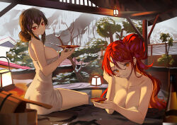 Rule 34 | 2girls, absurdres, bare arms, bare shoulders, blush, breasts, character request, cleavage, collarbone, echocalypse, hair between eyes, hair bun, highres, holding, hyonee, large breasts, long hair, looking at viewer, multiple girls, naked towel, onsen, orange eyes, parted lips, red eyes, red hair, revision, single hair bun, sitting, smile, thighs, towel