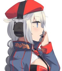 Rule 34 | + +, 1girl, beret, black necktie, blue eyes, blue jacket, braid, braided ponytail, breasts, flower-shaped pupils, from side, girls&#039; frontline, grey hair, hand on headset, hat, headphones, headset, highres, hinami047, jacket, long hair, looking away, looking to the side, medium breasts, necktie, open mouth, ots-12 (girls&#039; frontline), red hat, sidelocks, solo, star-shaped pupils, star (symbol), symbol-shaped pupils, upper body, white background