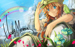 Rule 34 | 1girl, bad id, bad pixiv id, bird, blue eyes, bow, braid, character name, flower, grass, hair bow, hat, hong meiling, lens flare, outdoors, pants, rainbow, red hair, short sleeves, sitting, smile, solo, star (symbol), text focus, touhou, twin braids, yagimiwa