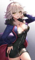 Rule 34 | 1girl, bad id, bad pixiv id, black dress, blue coat, blush, breasts, cleavage, coat, dress, fate/grand order, fate (series), fur-trimmed coat, fur trim, highres, jeanne d&#039;arc (fate), jeanne d&#039;arc alter (fate), jeanne d&#039;arc alter (ver. shinjuku 1999) (fate), large breasts, lerome, long sleeves, looking at viewer, official alternate costume, open mouth, short dress, short hair, silver hair, solo, wavy mouth, wicked dragon witch ver. shinjuku 1999, yellow eyes