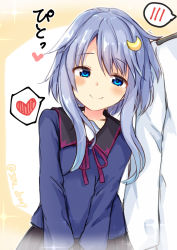 Rule 34 | 1girl, admiral (kancolle), black sailor collar, black skirt, blue eyes, blue hair, blue shirt, blush, brown background, closed mouth, commentary request, crescent, crescent hair ornament, hair between eyes, hair ornament, heart, jacket, kantai collection, long hair, military jacket, neck ribbon, pleated skirt, purple ribbon, ribbon, sailor collar, school uniform, serafuku, shirt, sidelocks, skirt, smile, solo focus, sou (soutennkouchi), sparkle, spoken blush, spoken heart, translation request, twitter username, two-tone background, white background, white jacket, yayoi (kancolle)