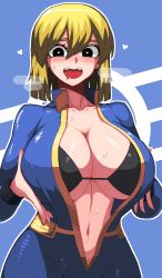 Rule 34 | 1girl, :d, black bra, black eyes, blonde hair, blue background, blue bodysuit, blush, bodysuit, bra, breasts, collar, collarbone, commentary, fallout (series), formicid, hair between eyes, heart, heart-shaped pupils, highres, large breasts, long sleeves, looking at viewer, medium hair, navel, open bodysuit, open clothes, open mouth, saliva, simple background, smile, solo, stomach, sweat, symbol-shaped pupils, underwear, upper body, vault suit