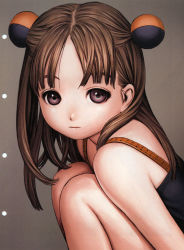 Rule 34 | absurdres, brown background, brown hair, form code, from side, hair ornament, hairclip, half updo, highres, murata range, parted bangs, scan, solo