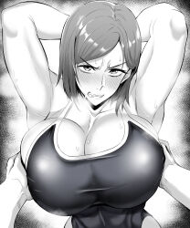 Rule 34 | 1boy, 1girl, abs, alternate breast size, alternate costume, angry, armpits, arms behind head, arms up, blush, breasts, brown hair, cleavage, clenched teeth, curvy, embarrassed, grabbing, grabbing another&#039;s breast, hand on own head, highres, huge breasts, jujutsu kaisen, kugisaki nobara, looking at viewer, medium hair, muscular, muscular female, one-piece swimsuit, pixie cut, puripuri jet, solo, steaming body, swimsuit, teeth