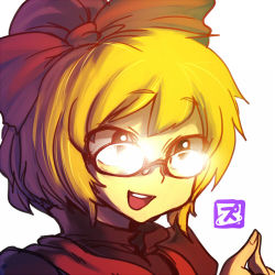Rule 34 | 1girl, bad id, bad pixiv id, bespectacled, blonde hair, female focus, glasses, kurodani yamame, lowres, open mouth, portrait, short hair, simple background, smile, solo, spacezin, touhou, white background
