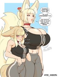Rule 34 | 2girls, animal ear fluff, animal ears, atsuko (the varking), black sports bra, blonde hair, blush, bouncing breasts, breast envy, breasts, bursting breasts, choker, cleavage, commentary, ears down, english commentary, english text, fingernails, fox ears, fox girl, fox tail, grey pants, hair bun, haruko (the varking), height difference, highres, huge breasts, kitsune, kyuubi, large tail, light brown hair, lips, long tail, mature female, medium breasts, medium support (meme), meme, mother and daughter, multiple girls, multiple tails, original, pants, red choker, red eyes, red nails, sharp fingernails, short hair with long locks, side-by-side, single hair bun, speech bubble, sports bra, standing, striped, striped sports bra, tail, tall female, the varking, triple vertical stripe, twitter username, updo, yoga pants