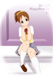 Rule 34 | 1girl, b (papiopine), brown eyes, brown hair, hirasawa ui, k-on!, ponytail, school uniform, short hair, sitting