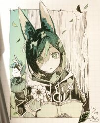 Rule 34 | 1boy, :o, animal ear fluff, animal ears, black jacket, book, commentary, dated, drawstring, flower, genshin impact, green eyes, green hair, hair between eyes, hand up, head tilt, highres, holding, holding pencil, jacket, long sleeves, looking at viewer, male focus, open book, parted lips, pencil, photo (medium), signature, sofra, solo, swept bangs, tighnari (genshin impact), traditional media, upper body