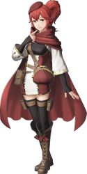 Rule 34 | 1girl, 3d, anna (fire emblem), belt pouch, beret, black thighhighs, boots, breasts, cape, cloak, fingerless gloves, fire emblem, fire emblem warriors, full body, gloves, hat, highres, lips, long hair, looking at viewer, medium breasts, nintendo, official art, ponytail, pouch, red eyes, red hair, smile, solo, standing, thigh pouch, thighhighs, transparent background, wallet, zettai ryouiki