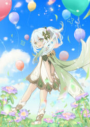 Rule 34 | 1girl, :d, arms behind back, balloon, bare shoulders, blue sky, bracelet, cloud, cross-shaped pupils, detached sleeves, dress, flower, full body, genshin impact, gold trim, gradient hair, hair ornament, highres, jewelry, leaf hair ornament, multicolored hair, nahida (genshin impact), open mouth, outdoors, sky, sleeveless, sleeveless dress, smile, solo, standing, standing on one leg, symbol-shaped pupils, tanuki nishi, teeth, toeless footwear, upper teeth only, white dress, white hair