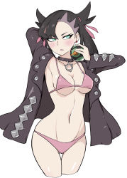 Rule 34 | 1girl, absurdres, aqua eyes, arms behind head, asymmetrical hair, bikini, black hair, blush, breasts, choker, cleavage, cowboy shot, creatures (company), earrings, game freak, hair ribbon, highres, jacket, jewelry, leather, leather jacket, marnie (pokemon), medium breasts, navel, nintendo, open mouth, pink bikini, poke ball, pokemon, pokemon swsh, ribbon, simple background, solo, swimsuit, thigh gap, twintails, white-stew, white background