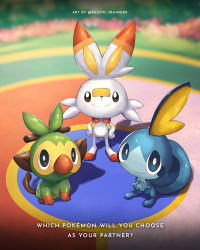 Rule 34 | blue eyes, blurry, bright pupils, closed mouth, commentary, copyright name, creatures (company), day, game freak, gen 8 pokemon, grookey, hands on own hips, highres, kelvin-trainerk, nintendo, no humans, outdoors, own hands together, pokemon, pokemon (creature), scorbunny, smile, sobble, standing, starter pokemon trio, twitter username, white pupils