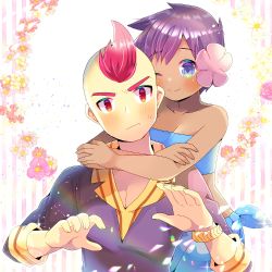 1boy, 1girl, ;), bare arms, bare shoulders, bikini, black shirt, blue bikini, blue eyes, blush, breasts, cleavage, closed mouth, commentary request, creatures (company), dark skin, flower, game freak, hair flower, hair ornament, head tilt, hug, hug from behind, kouu hiyoyo, long sleeves, looking at viewer, lowres, nintendo, one eye closed, phoebe (pokemon), pink flower, pokemon, pokemon (game), pokemon oras, purple hair, red eyes, red hair, sarong, shirt, sidney (pokemon), small breasts, smile, strapless, strapless bikini, striped, striped background, sweat, swimsuit, thick eyebrows, upper body, v-shaped eyebrows, vertical stripes