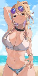 Rule 34 | 1girl, absurdres, arm behind head, arm up, bad id, bad pixiv id, beach, bikini, blonde hair, blue bikini, blue nails, blue sky, bracelet, breasts, brown eyes, chain bikini, closed mouth, cloud, commentary request, cowboy shot, day, earrings, eyes visible through hair, eyewear on head, groin, highres, hiiragi ken, hoop earrings, idolmaster, idolmaster shiny colors, izumi mei, jewelry, large breasts, long hair, looking at viewer, mismatched bikini, nail polish, navel, necklace, outdoors, ponytail, sky, solo, stomach, sunglasses, swimsuit, tongue, tongue out, white bikini