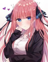 Rule 34 | 1girl, blue eyes, blunt bangs, blush, breasts, butterfly hair ornament, cardigan, closed mouth, collarbone, collared shirt, eyes visible through hair, go-toubun no hanayome, hair between eyes, hair ornament, hair ribbon, hand up, heart, highres, jacket, long hair, long sleeves, looking at viewer, medium breasts, nakano nino, parum39, purple jacket, red hair, ribbon, shirt, sidelocks, simple background, sleeves past wrists, solo, two side up, upper body, white background, white shirt