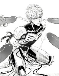 Rule 34 | 5boys, blush, cum, cum on body, erection, facial, genos, group sex, male focus, monochrome, multiple boys, one-punch man, penis, restrained, sweat, tagme, white background, wince, yaoi