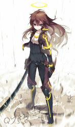Rule 34 | &gt;:(, 1girl, ahoge, black eyes, black footwear, black jacket, black pants, black shirt, boots, brown hair, closed mouth, earrings, frown, full body, ground shatter, halo, highres, holding, holding sword, holding weapon, hoop earrings, jacket, jewelry, long hair, original, pants, qian ye (qys3), qys3, revision, scabbard, sheath, shirt, solo, standing, sword, tattoo, v-shaped eyebrows, very long hair, weapon