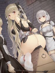 Rule 34 | 3girls, absurdres, anus, apron, ass, azur lane, bdsm, blonde hair, bound, bound wrists, breasts, chain, cleavage, cleft of venus, dress, formidable (azur lane), highres, holding, holding riding crop, indoors, large breasts, long hair, looking at another, looking back, maid apron, multiple girls, pussy, riding crop, shoulder blades, sirius (azur lane), standing, thighhighs, white hair, white thighhighs, wooden horse, zzbbc