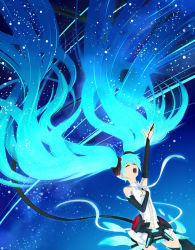 Rule 34 | 1girl, aqua eyes, aqua hair, arm up, big hair, blue hair, bridal gauntlets, elbow gloves, closed eyes, floating hair, gloves, gradient hair, hatsune miku, hatsune miku (append), highres, kappateki, long hair, multicolored hair, music, open mouth, outstretched hand, singing, solo, star (sky), twintails, very long hair, vocaloid, vocaloid append