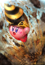Rule 34 | arms up, artist name, blue eyes, blue sky, blush, blush stickers, commentary request, copy ability, day, dirt, drill, drill kirby, helmet, highres, jumping, kirby, kirby (series), kirby and the forgotten land, kumaoka pon, nintendo, no humans, open mouth, outdoors, rock, sky, twitter username, v-shaped eyes