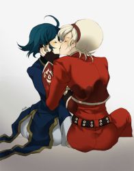 Rule 34 | 1boy, 1girl, ahoge, ash crimson, ass, bad id, bad pixiv id, blonde hair, blue hair, closed eyes, couple, elisabeth blanctorche, hairband, hetero, holding hands, kiss, muse (rainforest), pants, red pants, short hair, sitting, the king of fighters
