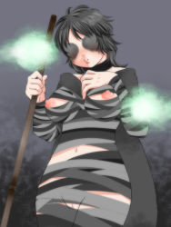 Rule 34 | 1girl, black hair, breasts, cape, choker, demon&#039;s souls, dress, female focus, from software, long hair, maiden in black, nipples, pussy, robustar, solo, staff, wardrobe malfunction