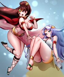 Rule 34 | 2girls, absurdres, bare shoulders, blue eyes, breasts, brown eyes, brown hair, cleavage, covered navel, fire emblem, fire emblem: mystery of the emblem, fire emblem: thracia 776, fire emblem heroes, floating, highres, jaxdrawz, large breasts, light purple hair, linde (fire emblem), linde (khadein) (fire emblem), long hair, looking at viewer, multiple girls, nintendo, official alternate costume, open mouth, parted bangs, ponytail, sandals, sara (fire emblem), sara (khadein) (fire emblem), smile, thick thighs, thighs