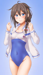 Rule 34 | 1girl, alternate costume, anti (untea9), ass, blue background, blue one-piece swimsuit, braid, competition swimsuit, covered navel, cowboy shot, female focus, gradient background, hair between eyes, hair flaps, high school fleet, highres, kantai collection, long hair, looking at viewer, one-piece swimsuit, school swimsuit, school uniform, serafuku, shigure (kancolle), shigure kai ni (kancolle), single braid, solo, swimsuit, swimsuit under clothes, twitter username, white one-piece swimsuit