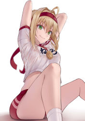 Rule 34 | 1girl, absurdres, ahoge, arms behind head, arms up, blonde hair, breasts, buruma, closed mouth, fate/extra, fate/grand order, fate (series), green eyes, gym shirt, gym uniform, hair between eyes, hair intakes, harris hero, headband, highres, knees up, large breasts, long hair, looking at viewer, medal, name tag, nero claudius (fate), nero claudius (fate) (all), nero claudius (fate/extra), nero claudius (olympian bloomers) (fate), official alternate costume, red buruma, red headband, shirt, simple background, sitting, smile, socks, solo, sweat, white background