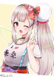 Rule 34 | 1girl, black choker, blush, breasts, choker, clothes writing, commentary request, dot nose, elu (nijisanji), fairy wings, flower, hair flower, hair ornament, hairband, hand up, highres, large breasts, long hair, looking at viewer, nijisanji, one eye closed, open mouth, outline, pink hair, pointy ears, ponytail, racchi., red eyes, red flower, shirt, short sleeves, simple background, solo, upper body, virtual youtuber, white outline, white shirt, wings, yellow background