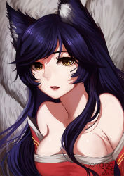 Rule 34 | 1girl, ahri (league of legends), animal ears, bad id, bad pixiv id, bare shoulders, breasts, detached sleeves, facial mark, fox ears, gradient background, korean clothes, league of legends, long hair, looking at viewer, open mouth, solo, whisker markings, yellow eyes