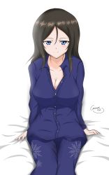 Rule 34 | 1girl, absurdres, artist name, bed, black hair, blue eyes, blue pajamas, blush, breasts, cleavage, closed mouth, collarbone, croissant is2, girls und panzer, highres, large breasts, looking at viewer, medium hair, nonna (girls und panzer), on bed, pajamas, shiny skin, simple background, sitting, smile, solo, white background