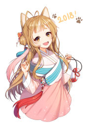 Rule 34 | 1girl, 2018, animal ears, antenna hair, bad id, bad pixiv id, blush, brown eyes, brown hair, dog ears, fang, hanbok, happy new year, korean clothes, long sleeves, looking at viewer, new year, open mouth, original, simple background, smile, solo, tp (kido 94), white background