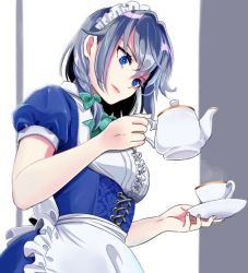 Rule 34 | 1girl, apron, atsusamu, blue dress, blue eyes, bow, bowtie, braid, breasts, center frills, commentary request, cowboy shot, cross-laced clothes, cup, dress, frilled apron, frills, green bow, green bowtie, hair between eyes, hair bow, hair intakes, head tilt, holding, holding plate, holding teapot, izayoi sakuya, maid, maid apron, maid headdress, medium breasts, partial commentary, pink lips, plate, puffy short sleeves, puffy sleeves, shirt, short hair, short sleeves, sidelocks, silver hair, solo, steam, teacup, teapot, touhou, waist apron, white apron, white background, white shirt
