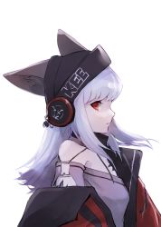 Rule 34 | 1girl, animal ears, arknights, backlighting, black headwear, black neckwear, commentary request, detached sleeves, e-bushi, ears through headwear, fox ears, from side, frostleaf (arknights), grey shirt, hair lift, headphones over headwear, highres, jacket, long hair, long sleeves, looking at viewer, material growth, off-shoulder shirt, off shoulder, oripathy lesion (arknights), oversized clothes, parted lips, profile, red eyes, red jacket, scarf, shirt, sidelocks, simple background, solo, white background, white hair, woollen cap