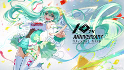 Rule 34 | 1girl, :d, anniversary, blush, boots, breasts, character name, confetti, dan evan, detached sleeves, floating hair, green eyes, green hair, green skirt, hair between eyes, hatsune miku, high heel boots, high heels, highres, index finger raised, long hair, looking at viewer, medium breasts, open mouth, pointing, pointing at viewer, race queen, racing miku, racing miku (2017), round teeth, showgirl skirt, skirt, smile, solo, tareme, teeth, thigh boots, thighhighs, twintails, very long hair, vocaloid, white footwear, white thighhighs