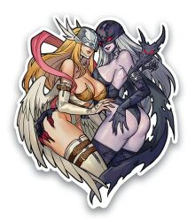 Rule 34 | 2girls, angel, angel girl, angewomon, ass, ass grab, breasts, cleavage, clothing cutout, curvy, demon, demon girl, digimon, digimon (creature), fallen angel, grabbing another&#039;s ass, head wings, highleg, highleg leotard, ladydevimon, large breasts, leotard, lipstick, long hair, makeup, mask, multiple girls, navel cutout, revealing clothes, shiny skin, very long hair, wide hips, wings