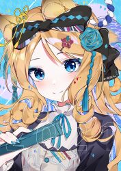 Rule 34 | 1girl, 2021, animal ears, arknights, black bow, black jacket, blonde hair, blue eyes, blue eyeshadow, blue flower, blue nails, blue rose, blush, bow, cat ears, cat girl, closed mouth, commentary request, drill hair, drill sidelocks, eru daydream, eyeshadow, flower, hair bow, hair ornament, hairclip, highres, holding, iris (arknights), jacket, long hair, long sleeves, looking at viewer, makeup, nail polish, open clothes, open jacket, parted bangs, rose, shirt, sidelocks, signature, smile, solo, split mouth, upper body, white shirt