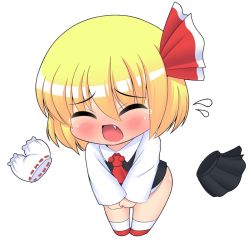 Rule 34 | 1girl, bad id, bad pixiv id, blonde hair, bloomers, blush, bottomless, bow, chibi, closed eyes, embarrassed, embodiment of scarlet devil, fang, female focus, full body, hair bow, kyokutou hentai samurai, rumia, simple background, skirt, solo, standing, tears, touhou, underwear, white background