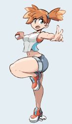 Rule 34 | 1girl, blue eyes, breasts, commentary, creatures (company), crop top, crop top overhang, denim, denim shorts, english commentary, fyxe, game freak, grey background, gym leader, holding, holding poke ball, medium breasts, misty (pokemon), narrow waist, navel, nintendo, official style, one side up, open mouth, orange hair, outstretched arms, poke ball, poke ball (basic), pokemon, pokemon lgpe, shoes, short hair, shorts, sneakers, solo, standing, standing on one leg, thick thighs, thighs