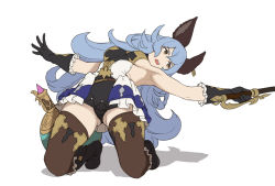 Rule 34 | 1girl, animal ears, armpits, black footwear, black gloves, blue hair, boots, breasts, brown eyes, brown thighhighs, erune, ferry (granblue fantasy), full body, gloves, granblue fantasy, granblue fantasy versus, holding, holding whip, houtengeki, kneeling, long hair, looking to the side, medium breasts, open mouth, sideboob, simple background, solo, thighhighs, whip, white background