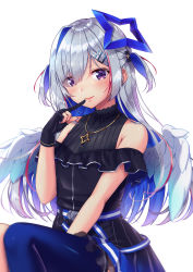 Rule 34 | 1girl, absurdres, amane kanata, amane kanata (work), angel wings, between legs, black gloves, blue hair, blue thighhighs, colored inner hair, commentary request, finger to mouth, gloves, hair ornament, hairclip, halo, hand between legs, highres, hololive, jewelry, long hair, looking at viewer, mikannsisyou, multicolored hair, necklace, partially fingerless gloves, purple eyes, red hair, silver hair, simple background, single thighhigh, sitting, smile, solo, star (symbol), star halo, star necklace, streaked hair, thighhighs, two side up, virtual youtuber, white background, white wings, wings