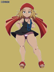 Rule 34 | 1girl, absurdres, bandana, bare arms, bare shoulders, beads, blonde hair, chivox00, closed mouth, collarbone, commentary request, forehead, hand up, highres, holding, kyouyama anna, light frown, panties, parted bangs, shaman king, side-tie panties, simple background, solo, thick thighs, thighs, underwear, wide hips, yellow background