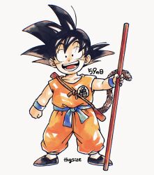 Rule 34 | 1boy, arms at sides, bare arms, black eyes, black footwear, black hair, black outline, blue sash, blue wristband, child, clenched hands, clothes writing, collarbone, dot nose, dougi, dragon ball, dragon ball (classic), fingernails, flats, full body, goku day, grin, happy, highres, holding, holding weapon, legs apart, male focus, obi, open mouth, orange pants, outline, pants, rope, ruyi jingu bang, sash, sepia, sheath, shoes, simple background, smile, socks, son goku, spiked hair, standing, tareme, teeth, tkgsize, tongue, twitter username, weapon, white background, white socks, wristband