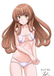 Rule 34 | 1girl, artist logo, bikini, blunt bangs, breasts, brown hair, character name, commentary request, green eyes, helena (kancolle), highres, kantai collection, long hair, looking at viewer, simple background, small breasts, solo, swimsuit, t2r, white background, white bikini