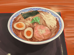 Rule 34 | bowl, egg (food), food, food focus, fried egg, no humans, noodles, nori (seaweed), original, ramen, still life, table, tennuru