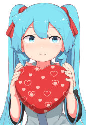 Rule 34 | 1girl, abmayo, aqua eyes, aqua hair, bare shoulders, blue eyes, blush, box, closed mouth, commentary request, detached sleeves, hair between eyes, hair ornament, hair ribbon, hands up, hatsune miku, heart, holding, long hair, long sleeves, looking at viewer, red ribbon, ribbon, shirt, simple background, smile, solo, twintails, upper body, very long hair, vocaloid, white background