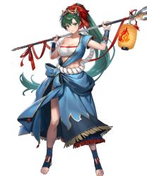 Rule 34 | 1girl, bandages, bandeau, blue shirt, blue skirt, breasts, chest sarashi, cleavage, cuboon, feet, female focus, fire emblem, fire emblem: the blazing blade, fire emblem heroes, full body, green eyes, green hair, hands up, highres, holding, holding polearm, holding weapon, japanese clothes, lantern, large breasts, lips, long hair, looking at viewer, lyn (fire emblem), mask, mask on head, matching hair/eyes, midriff, navel, nintendo, non-web source, official alternate costume, official art, paper lantern, polearm, ponytail, rope belt, sarashi, shirt, short sleeves, side slit, single-shoulder shirt, single bare shoulder, single sleeve, skirt, skirt set, smile, solo, spear, standing, stomach, strapless, toes, transparent background, tube top, very long hair, weapon