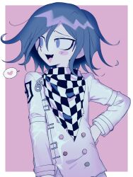 Rule 34 | 1boy, :d, a (poipiku 325815), border, checkered clothes, checkered scarf, commentary request, danganronpa (series), danganronpa v3: killing harmony, fang, hair between eyes, heart, jacket, long sleeves, looking to the side, male focus, oma kokichi, open mouth, pink background, purple eyes, purple hair, scarf, short hair, smile, solo, spoken heart, straitjacket, upper body, white border, white jacket
